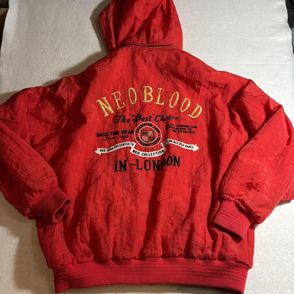 Vintage Neo Blood Jacket Mens Large Red Hooded Windbreaker Embroidered Korea